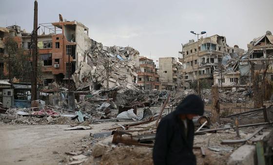 Destroyed buildings in Harasta, Ghouta. A suburb of Damascus, Ghouta was the site of a deadly chemical weapons attack in August 2013.